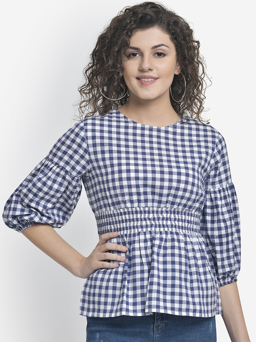 

Martini Women Blue Checked Peplum Pure Cotton Top