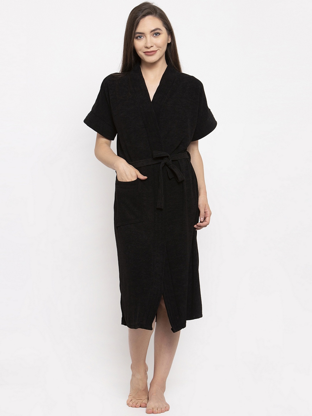 

ELEVANTO Women Black Solid Bathmusic Bath Robe