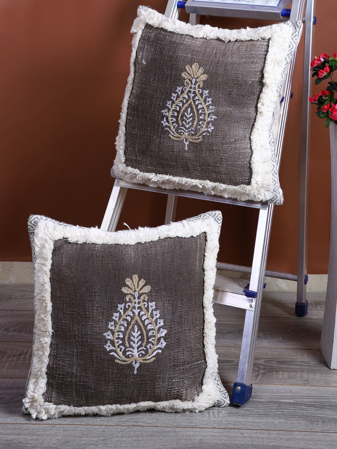 

eyda Charcoal & Cream-Coloured Set of 2 Hand Block Printed Square Cushion Covers