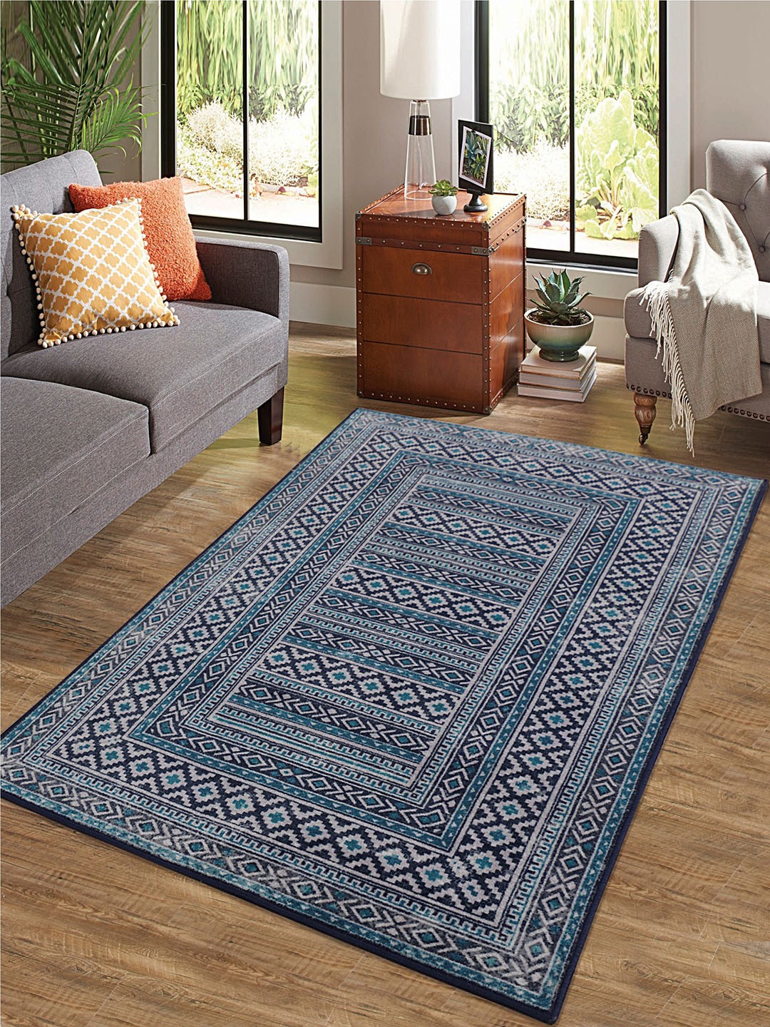 

RUGSMITH Teal Blue & Grey Geometric Patterned Premium Quality Classical Haveli Area Rug