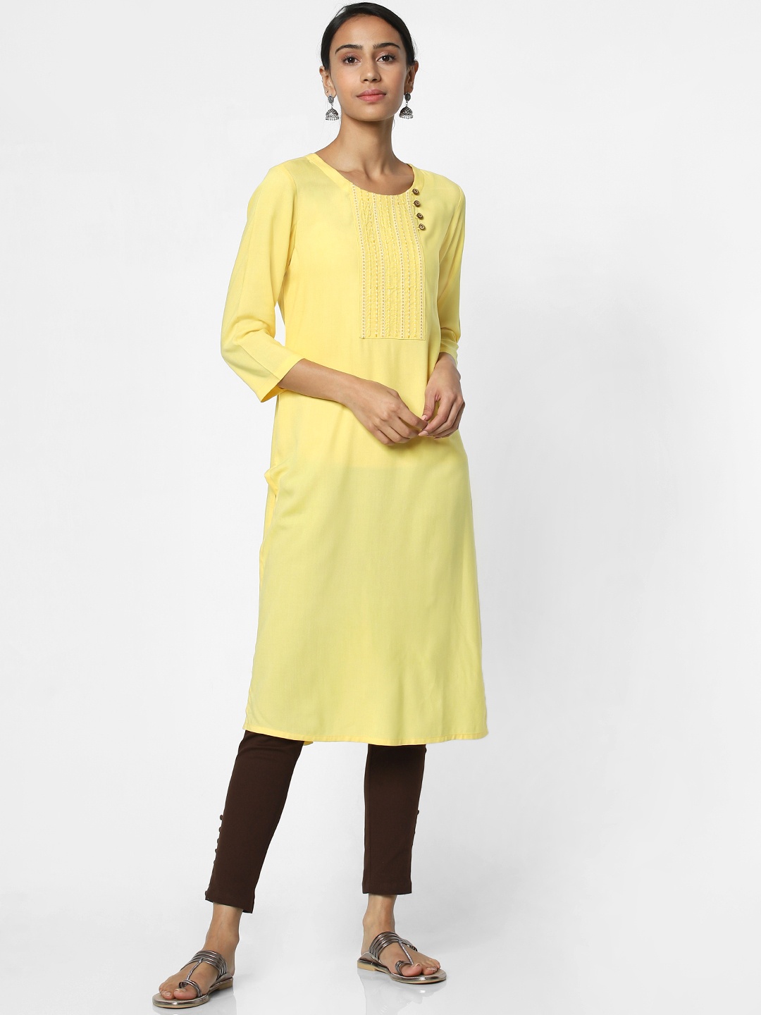 

Naari Women Yellow Yoke Design Straight Kurta