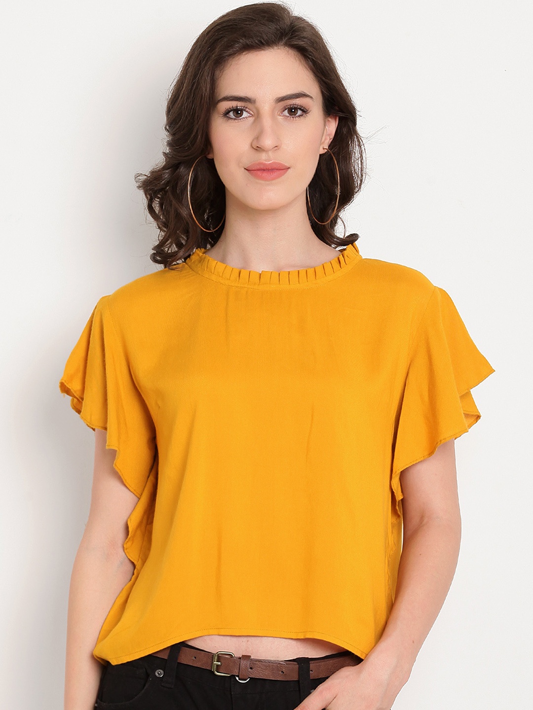 

TAG 7 Women Yellow Solid Crop A-Line Flair Sleeves Top
