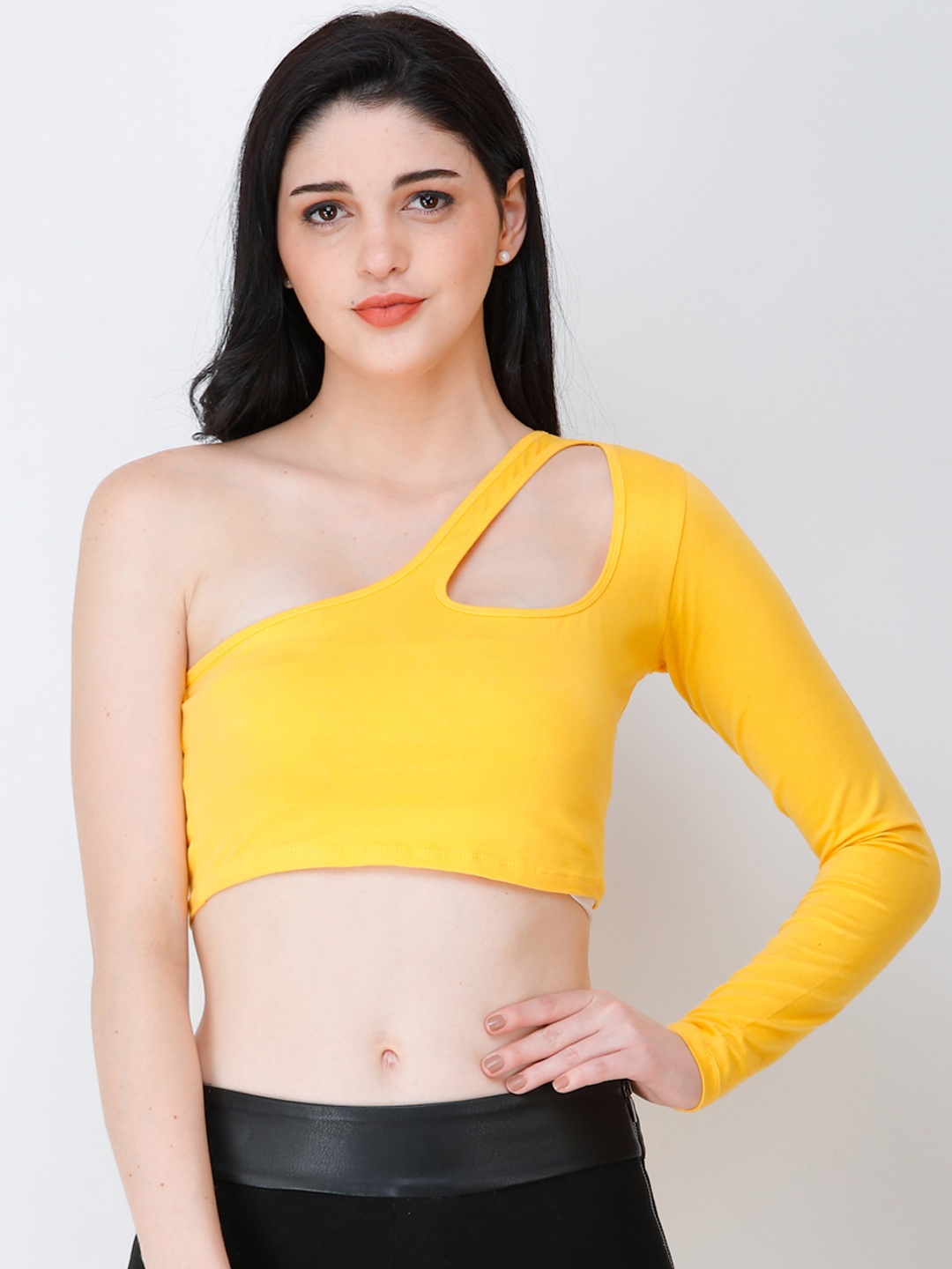 SCORPIUS Women Yellow Solid One Shoulder Top