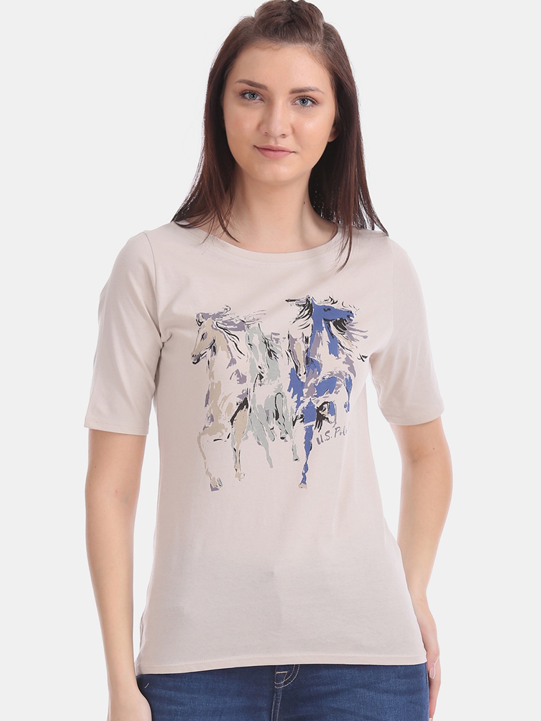 

U.S. Polo Assn. Women Women Beige Printed Round Neck T-shirt