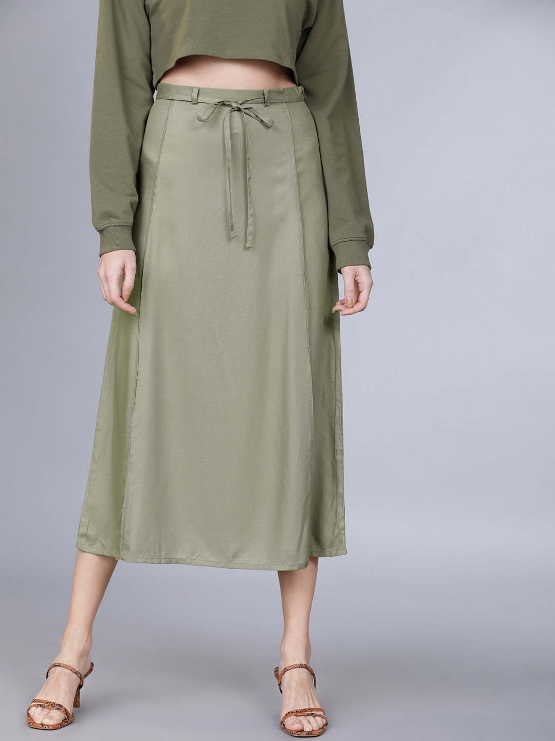 

Tokyo Talkies Women Olive Green Solid A-Line Midi Skirt