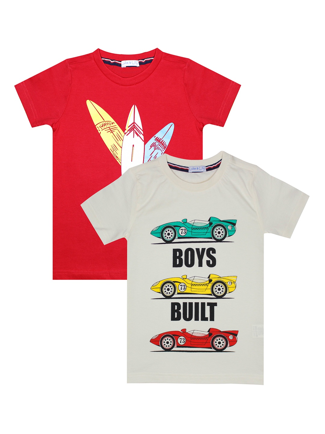 

Luke Lilly Boys Pair of 2 Printed Round Neck Pure Cotton T-shirt, Red