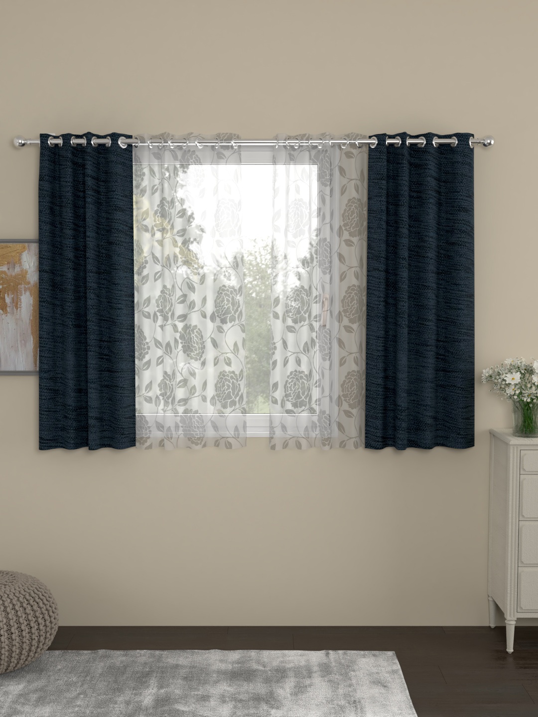 

ROSARA HOME Navy Blue & White Set of 4 Window Curtains