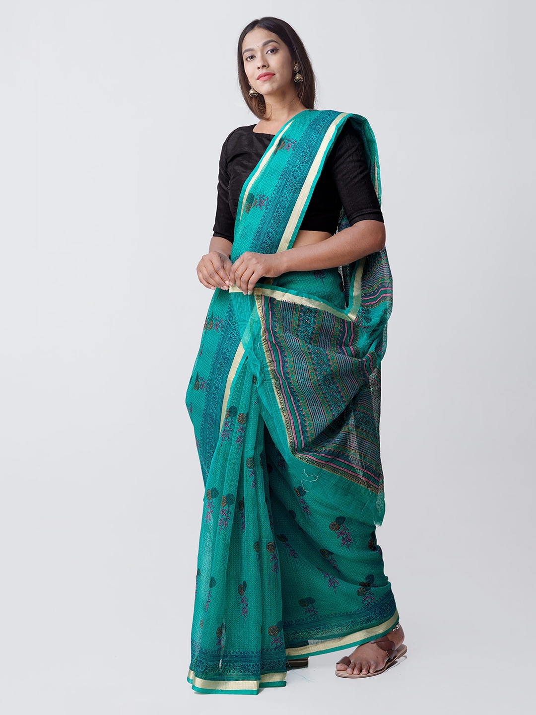 

Unnati Silks Green Pure Cotton Printed Kanjeevaram Saree