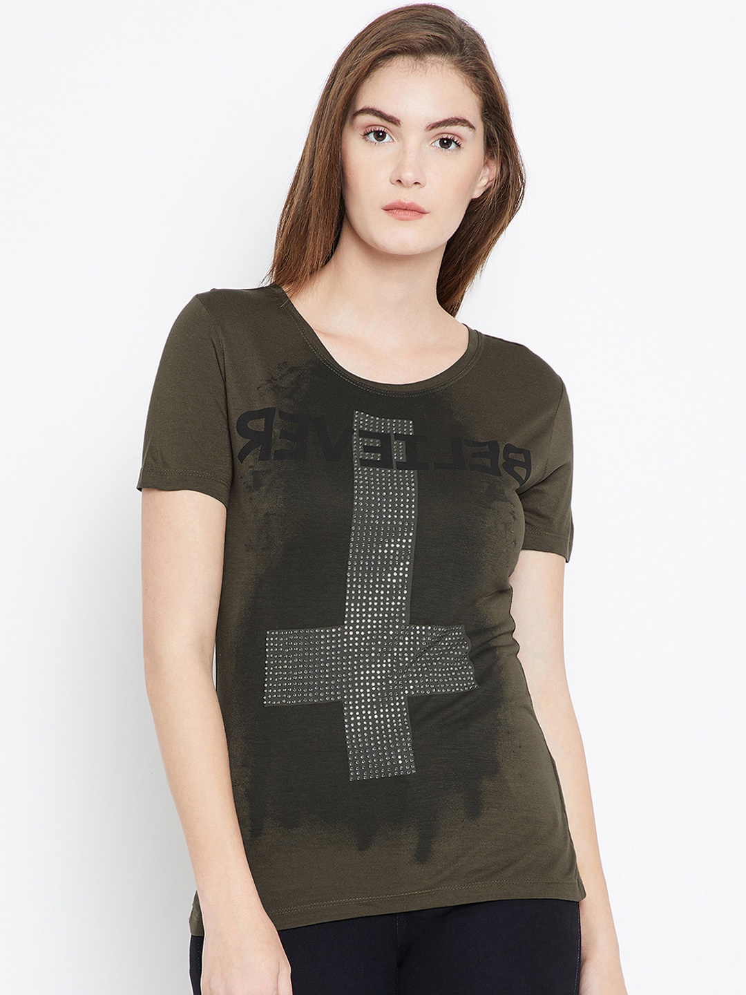 

PUNK Women Olive Green Printed Round Neck T-shirt