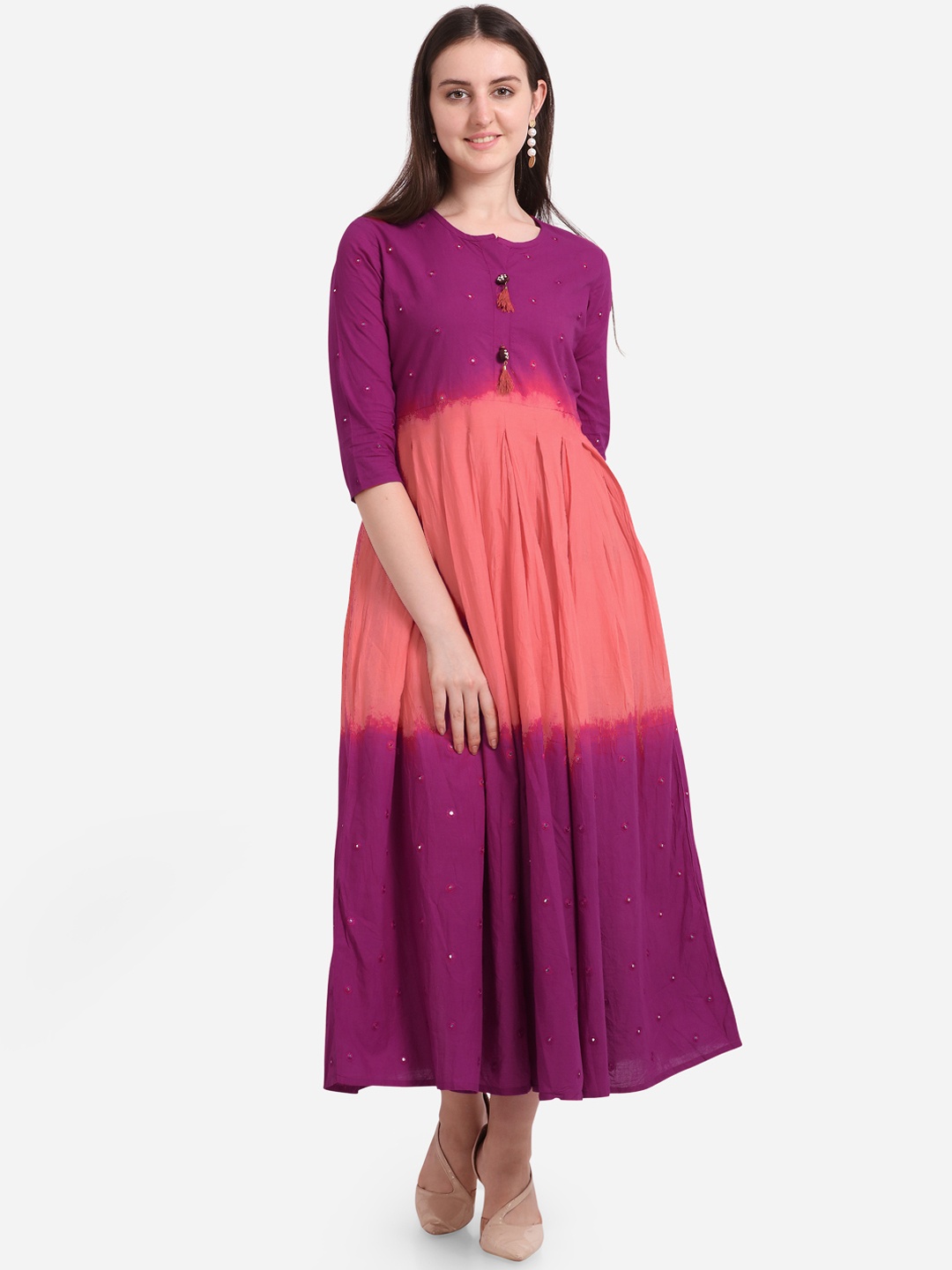 

Kvsfab Women Pink Mirror Work Colourblocked Empire Dress