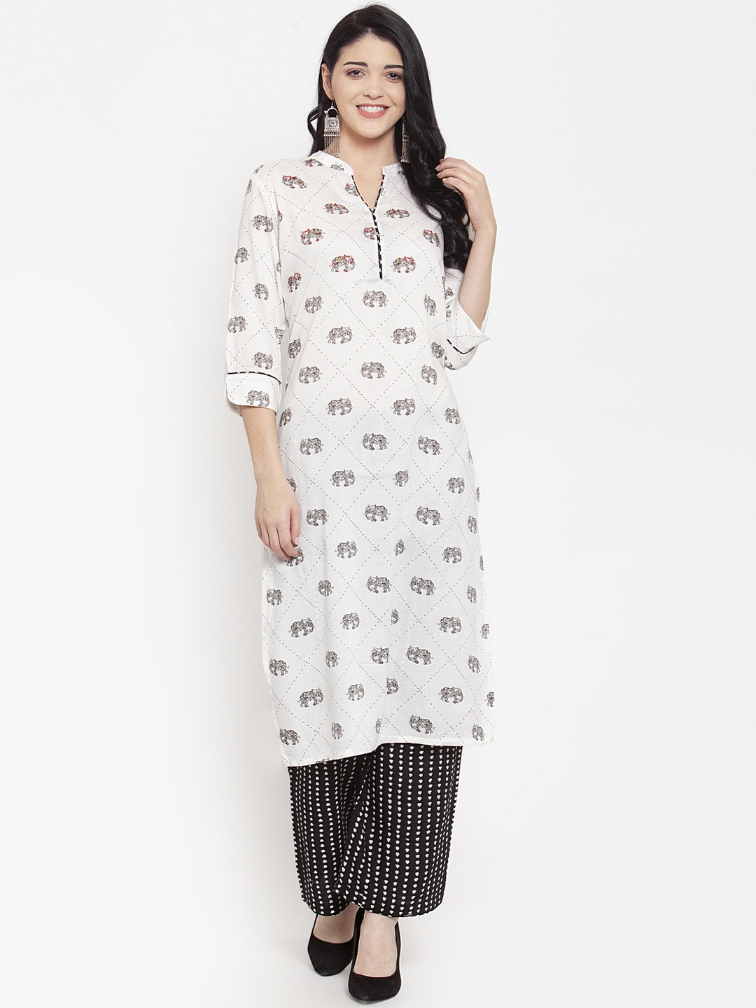 

ANAISA Women White & Black Printed Kurta with Palazzos