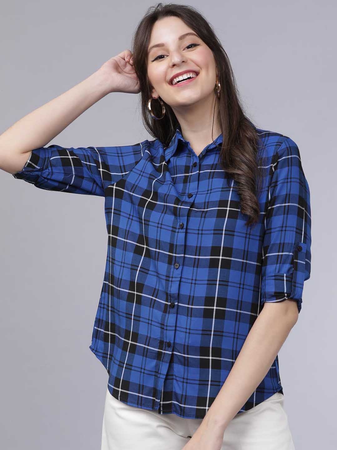 Tokyo Talkies Women Blue Regular Fit Checked Casual Shirt