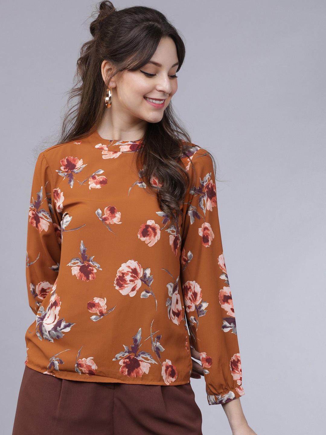 Tokyo Talkies Women Brown & Pink Floral Printed Top