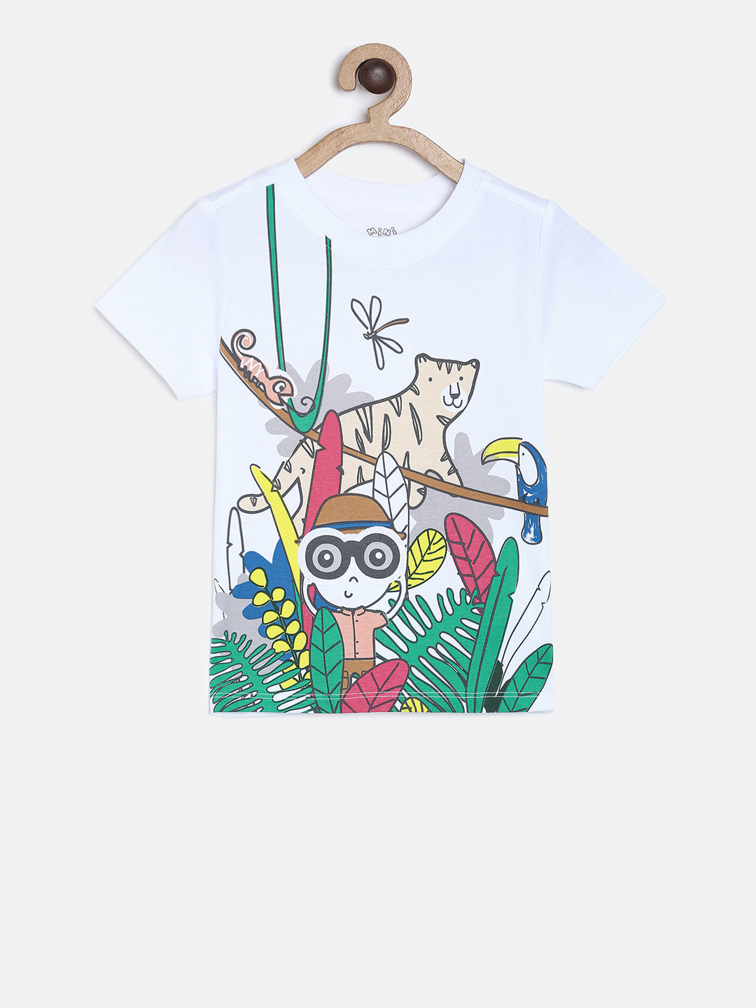 

MINI KLUB Boys White Green Printed Round Neck Pure Cotton T-shirt