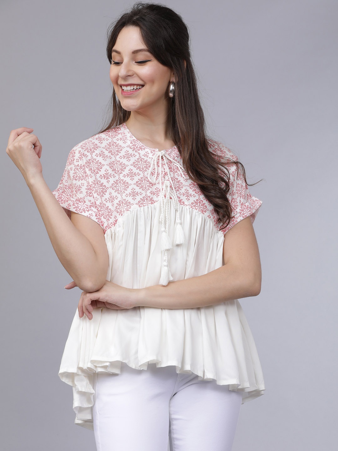 

Tokyo Talkies Women Off-White & Pink Printed High-Low Top