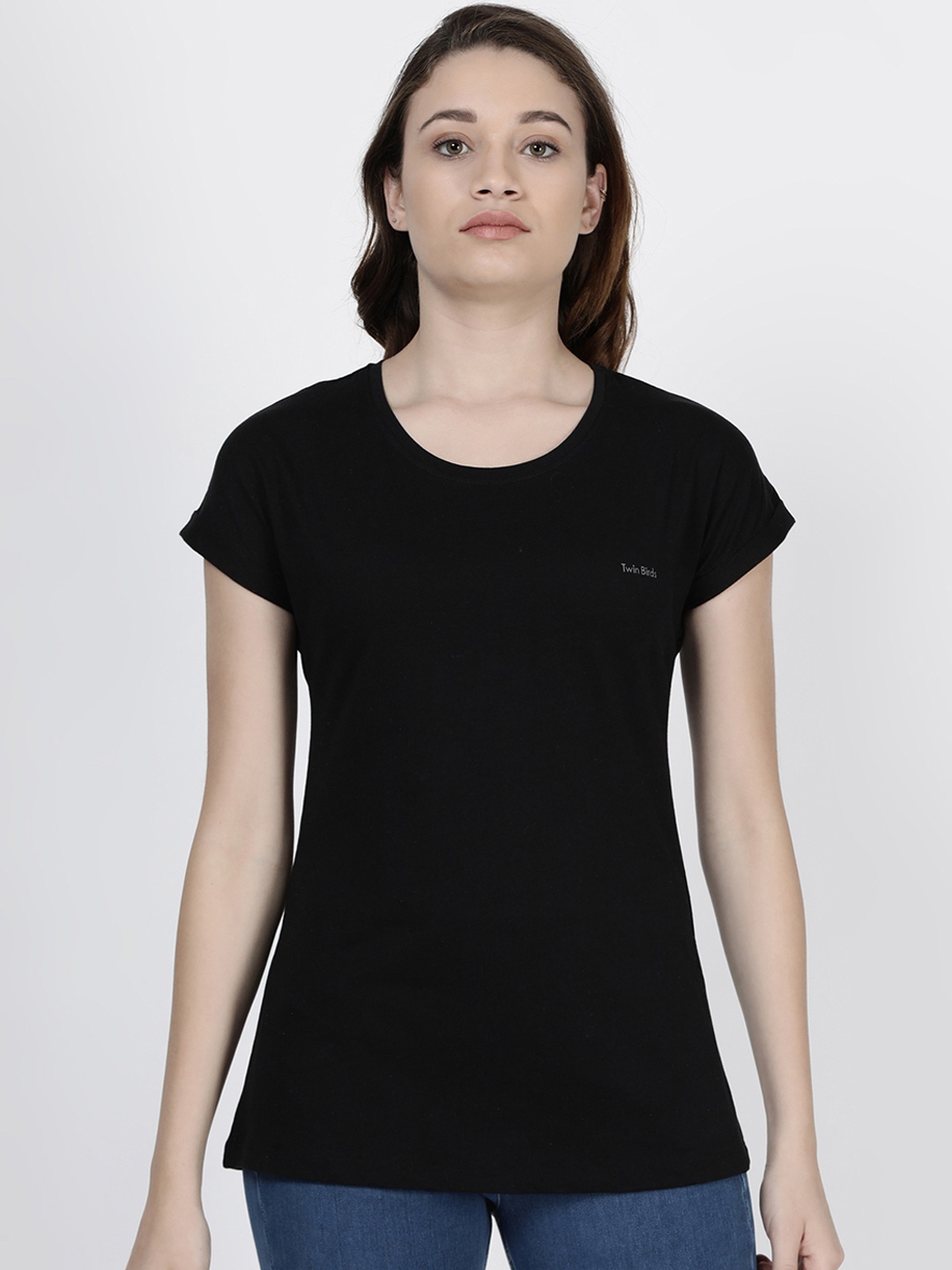 

TWIN BIRDS Women Black Solid Round Neck Pure Cotton T-shirt