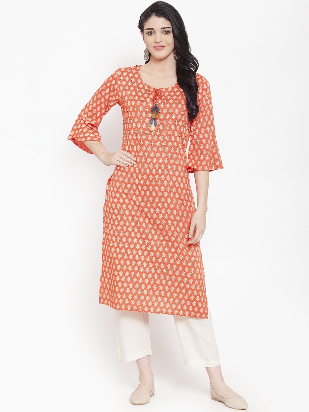 

ANAISA Women Orange & Beige Printed Straight Kurta
