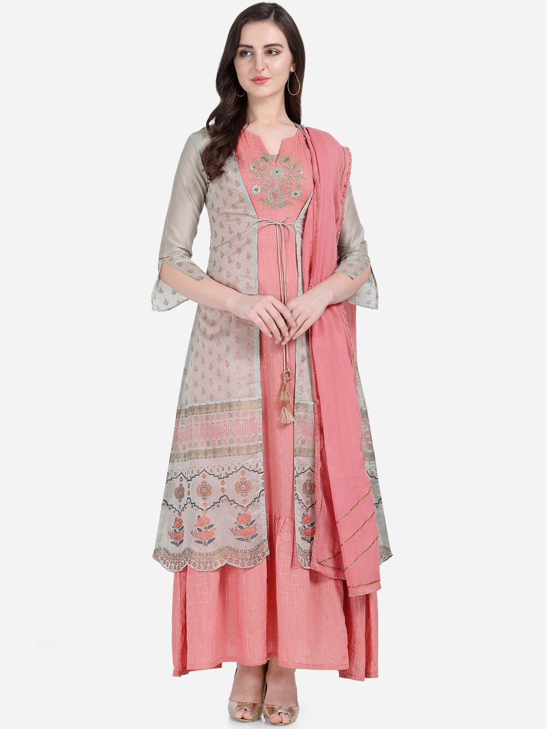 

Stylee LIFESTYLE Pink & Grey Chanderi Silk Semi-Stitched Dress Material