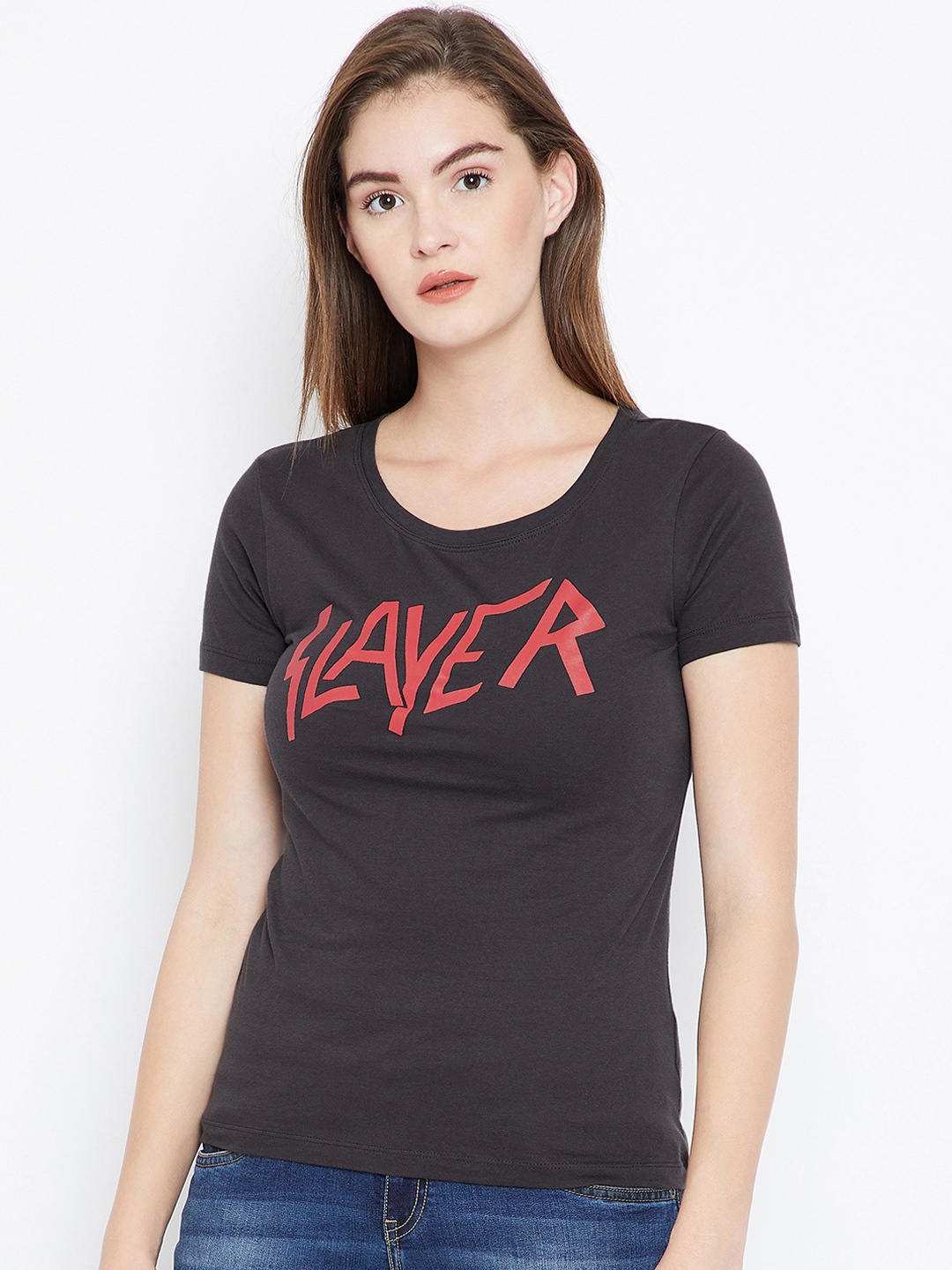 

PUNK Women Charcoal Grey Printed Round Neck T-shirt