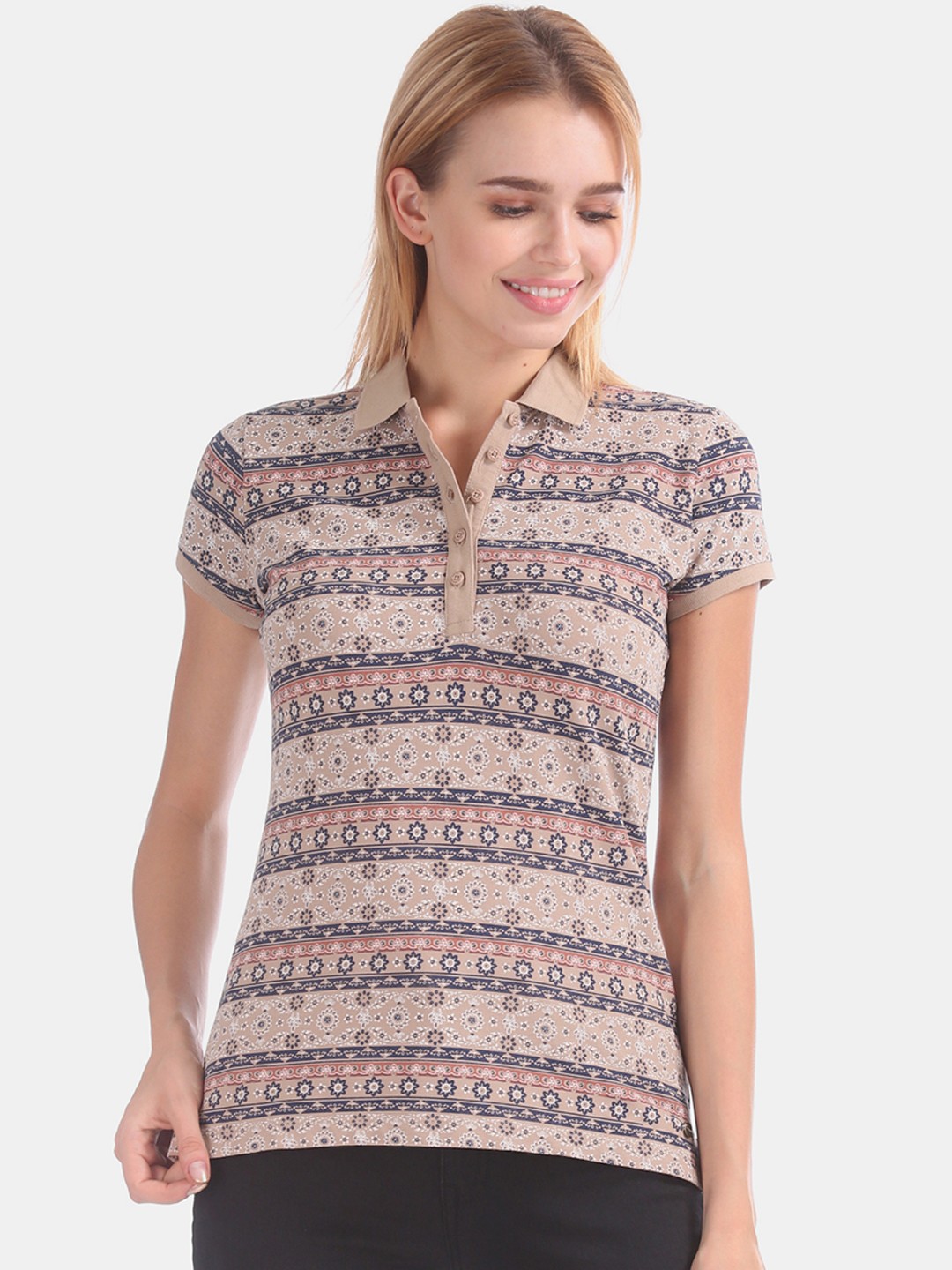 

U.S. Polo Assn. Women Women Beige Printed Polo Collar T-shirt