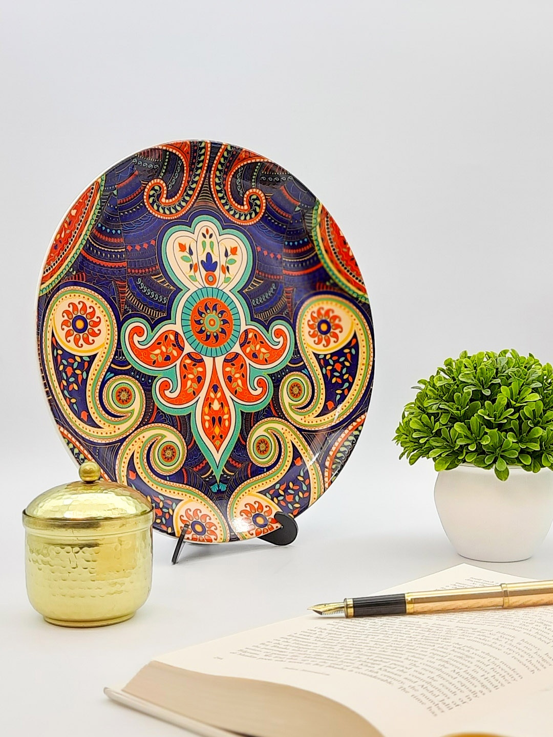 KOLOROBIA Navy Blue & Yellow Printed Plate Wall Decor