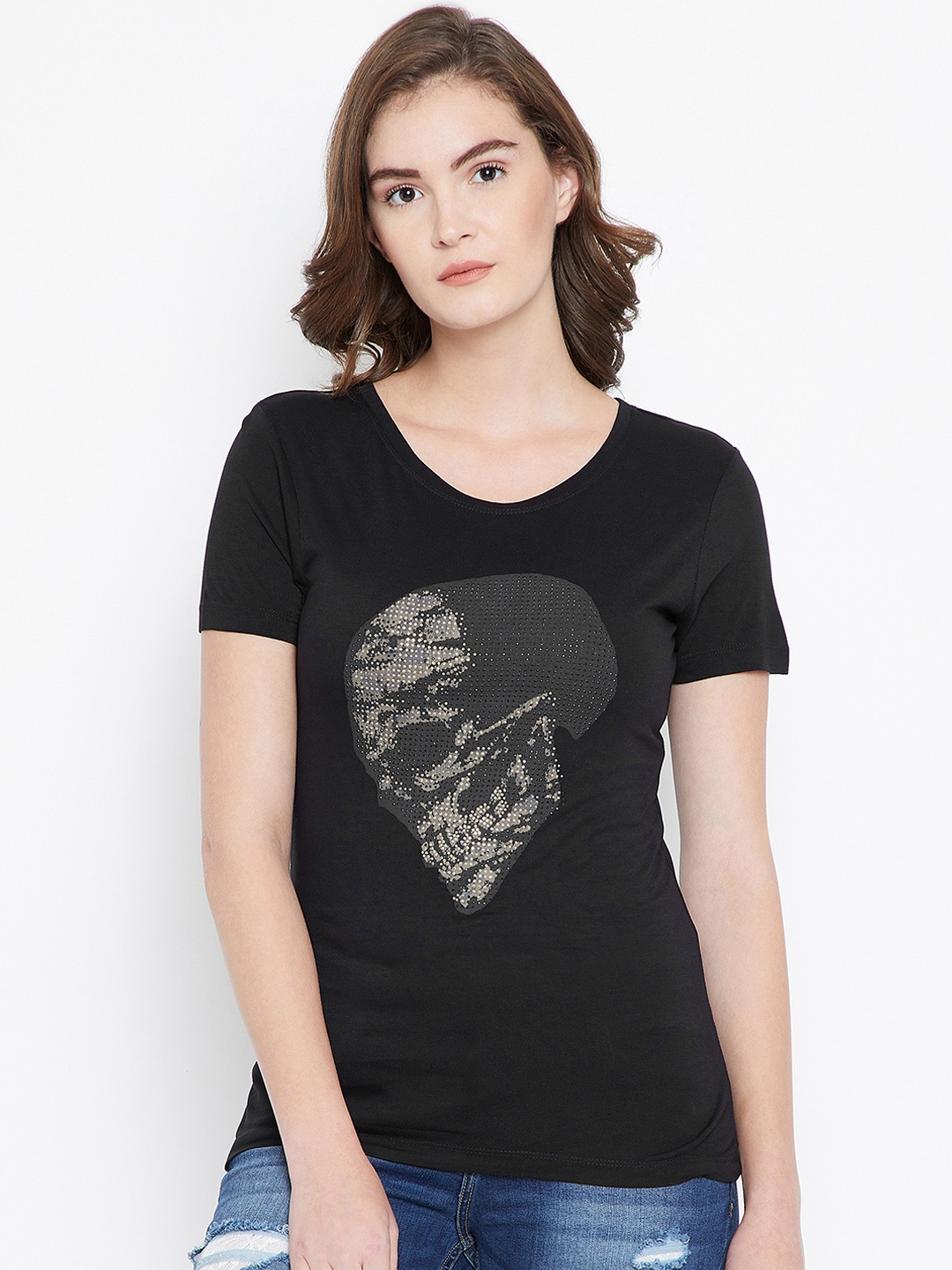 

PUNK Women Black Printed Round Neck T-shirt