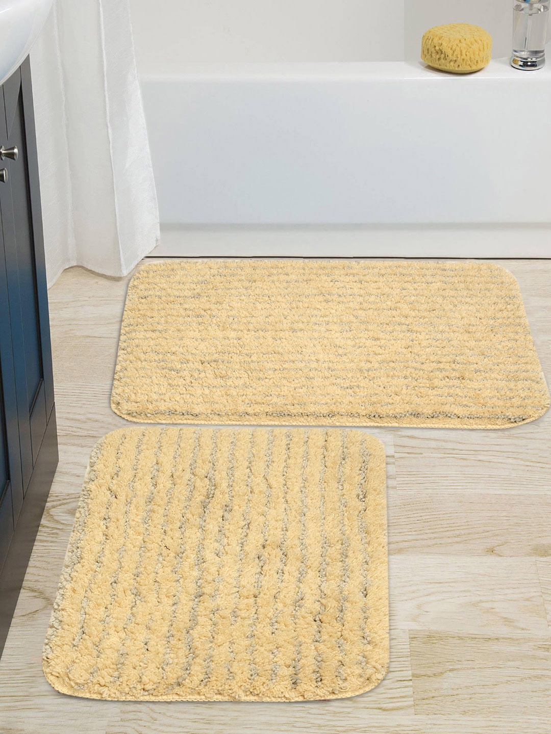

Saral Home 2 Pieces Beige & Grey Striped Furry Soft Anti Skid Bathmats