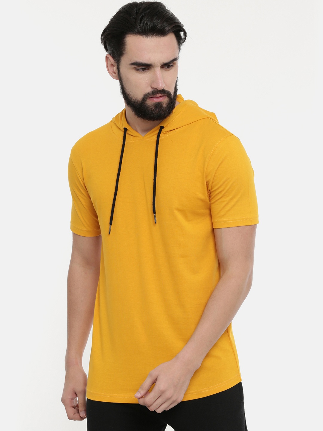 

Bushirt Men Mustard Yellow Solid Hood Pure Cotton T-shirt
