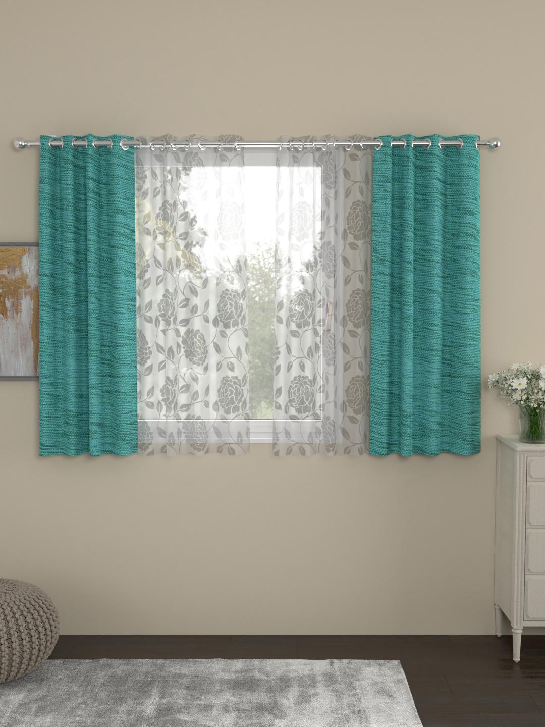 

ROSARA HOME Turquoise Blue & White Set of 4 Window Curtains