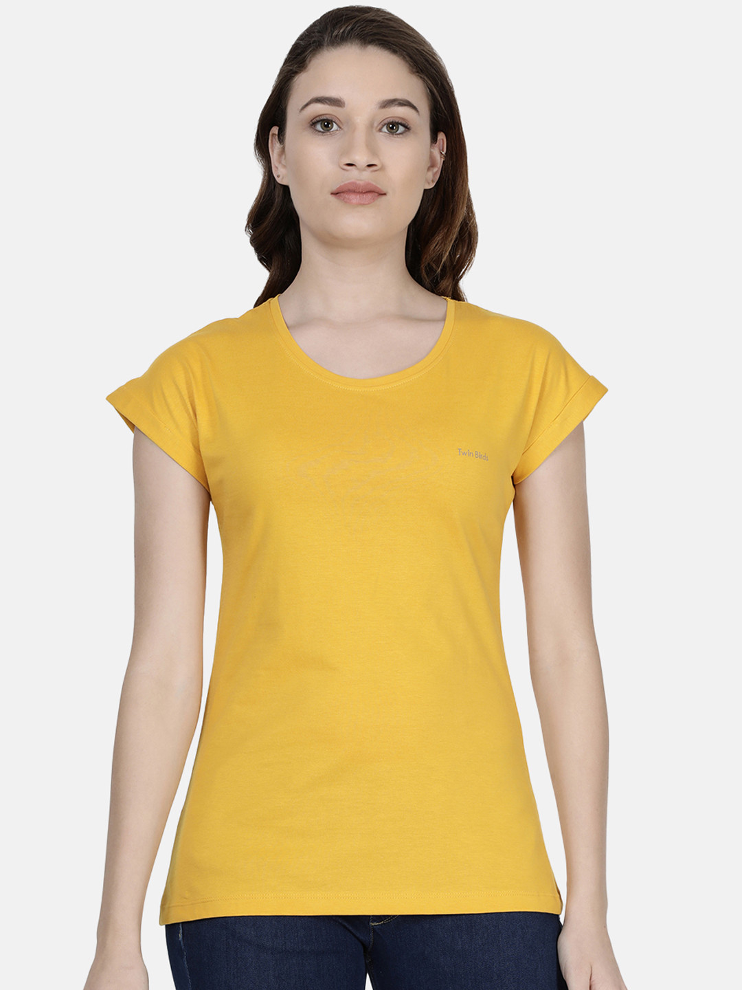 

TWIN BIRDS Women Yellow Solid Round Neck Pure Cotton T-shirt