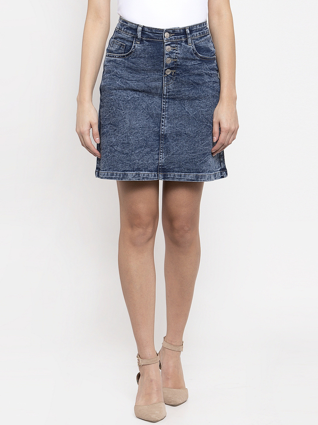 

KASSUALLY Navy Blue Washed Denim A-Line Mini Skirt