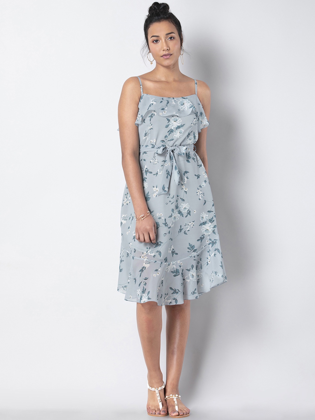 

FabAlley Women Blue Floral A-Line Dress with Attatched Belt