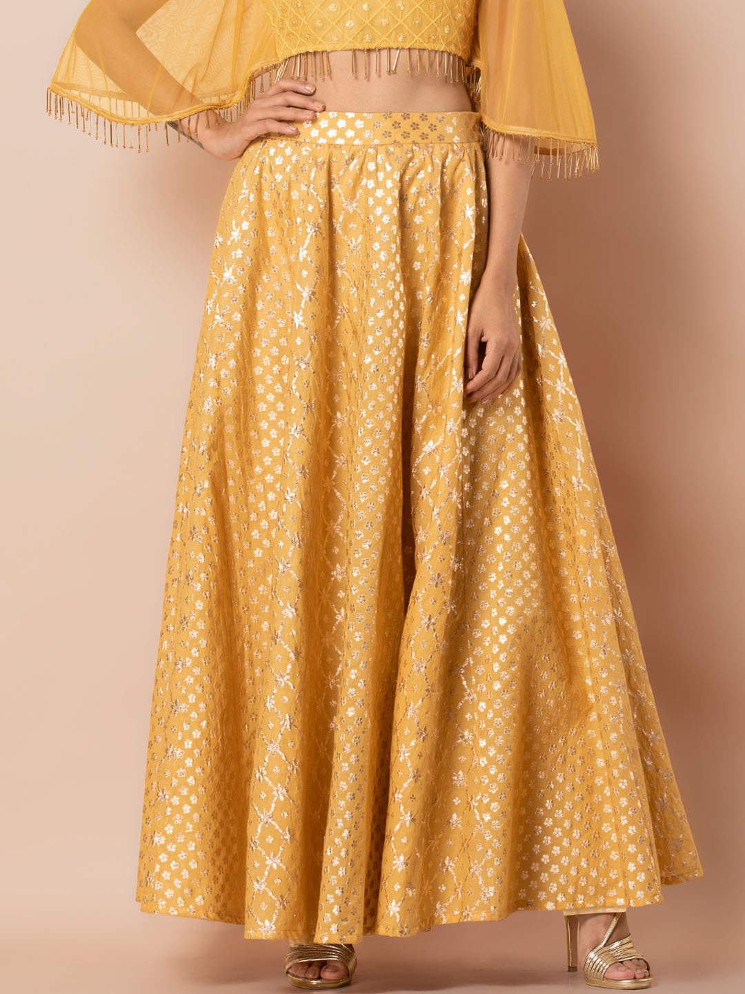 

INDYA Women Mustard Yellow & Gold-Coloured Chanderi Floral Printed Flared Maxi Skirt