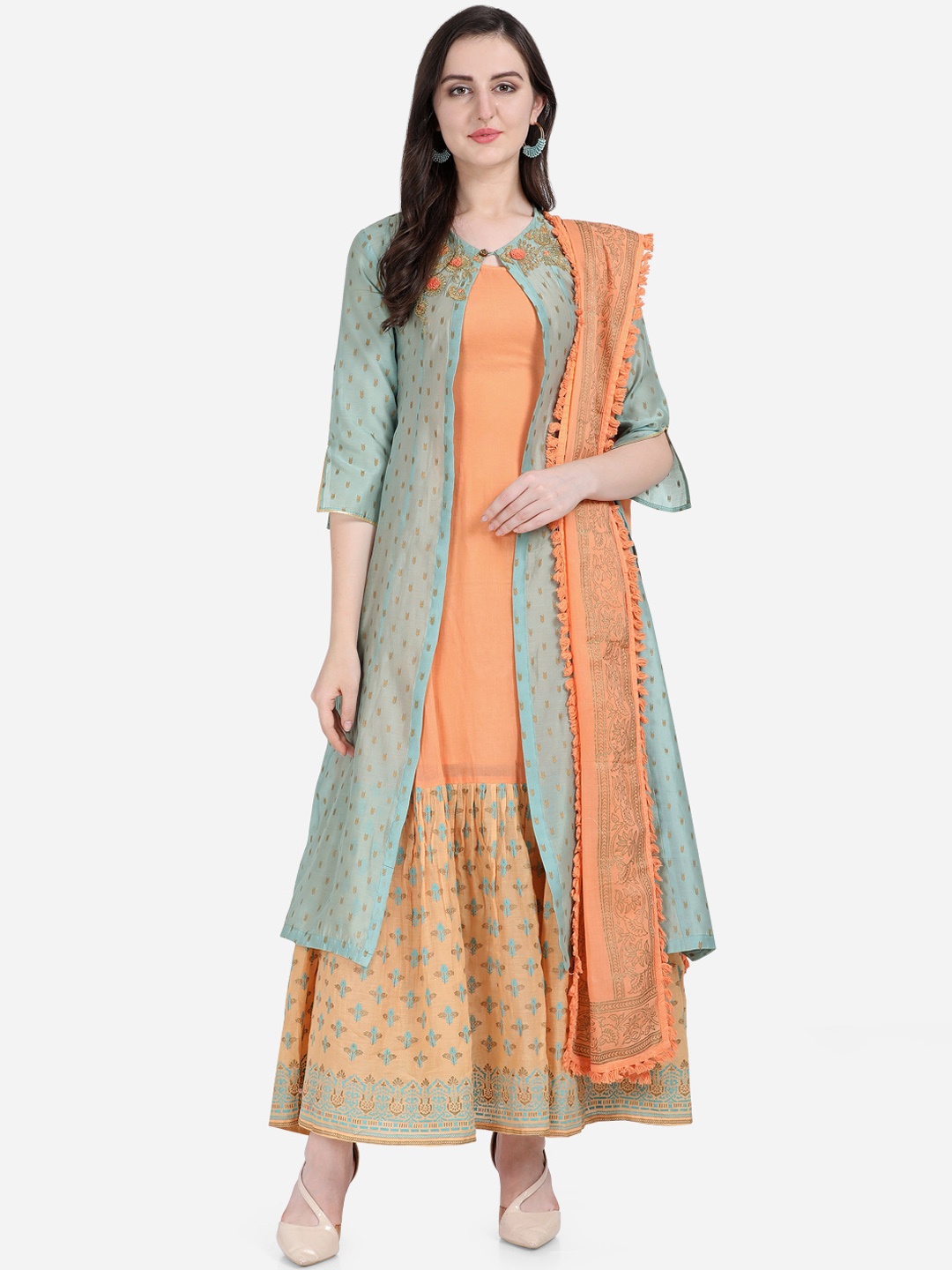 

Stylee LIFESTYLE Orange & Turquoise Blue Art Silk Semi-Stitched Dress Material