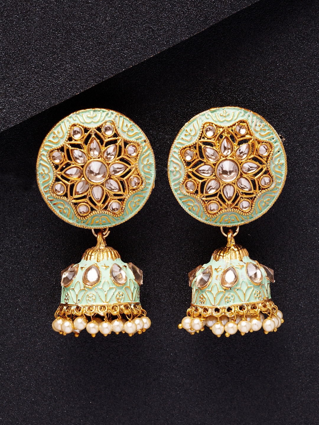 

Shining Diva Sea Green & Gold-Toned Classic Jhumkas