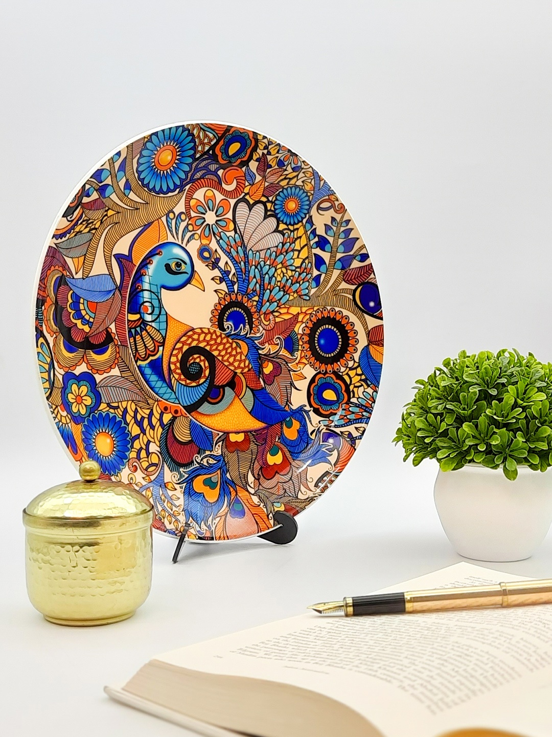 KOLOROBIA Multicolured Peacock Admiration Decorative Printed Wall Plate, Yellow