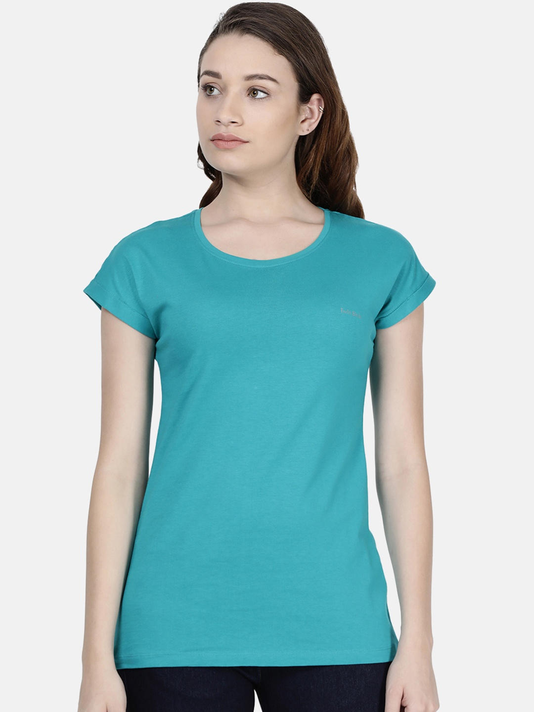 

TWIN BIRDS Women Green Solid Round Neck Pure Cotton T-shirt