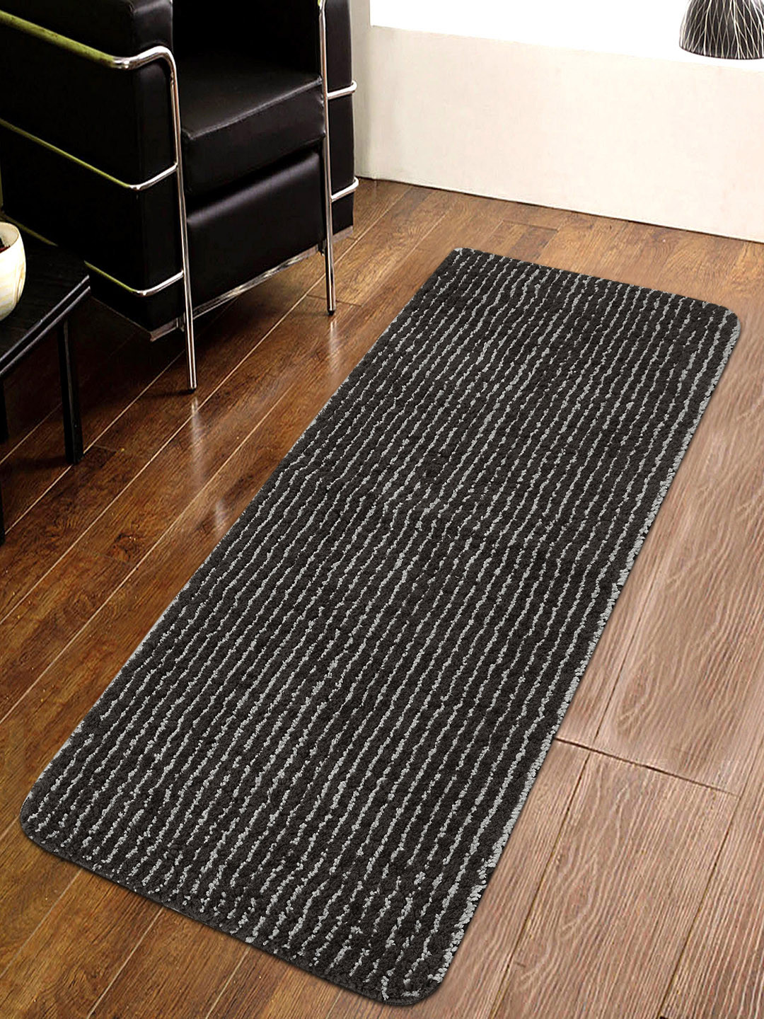 

Saral Home Unisex Black & Grey Striped Furry Soft Microfiber Anti-Skid Multipurpose Runner