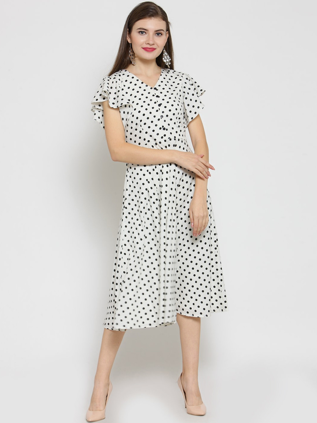 

Magnetic Designs Women White & Black Polka Dot Printed Fit and Flare Dress