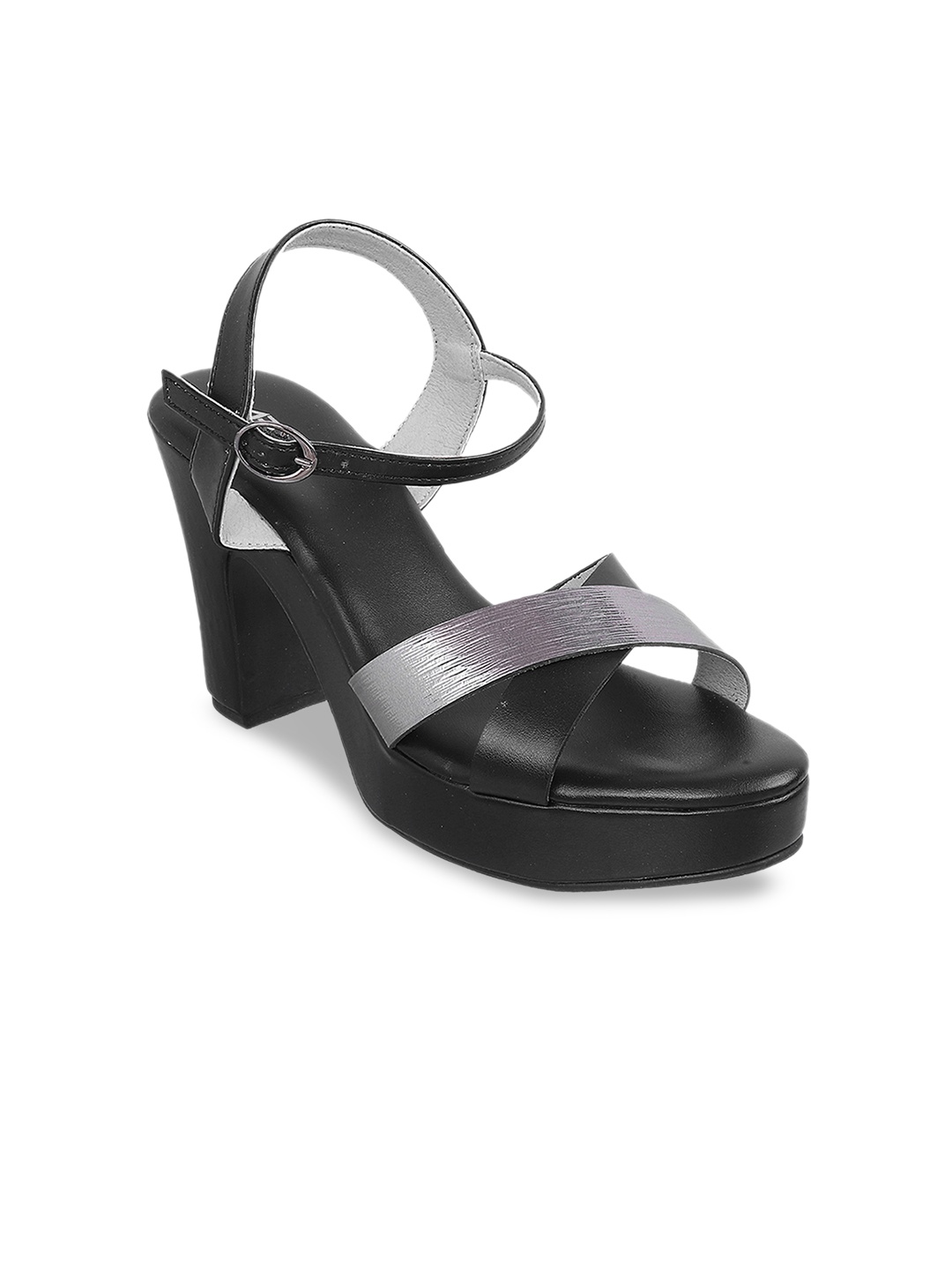 

Metro Women Black & Silver-Toned Solid Sandals