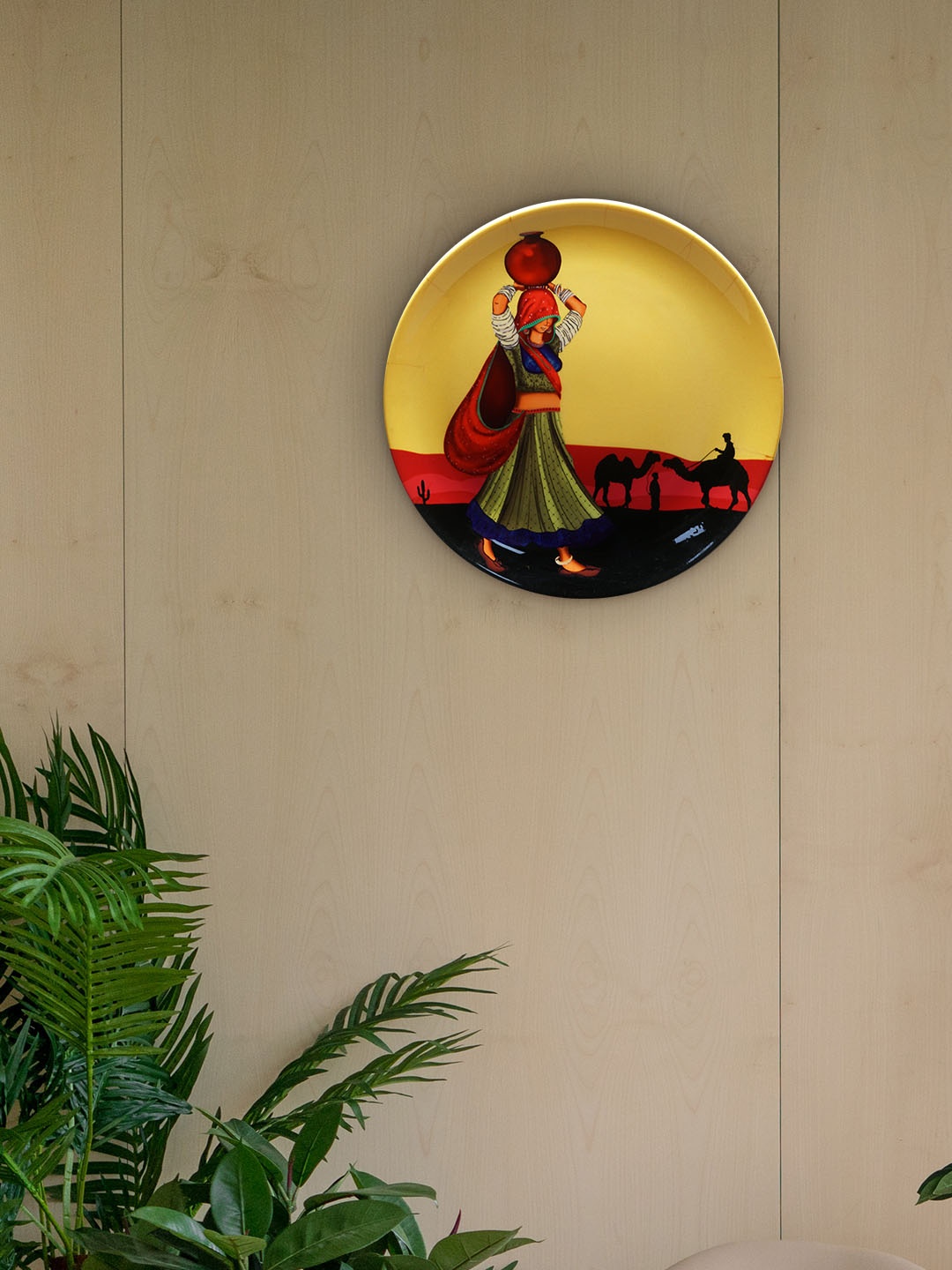KOLOROBIA Multicolured Rajasthani Girl Printed Wall Plate, Yellow