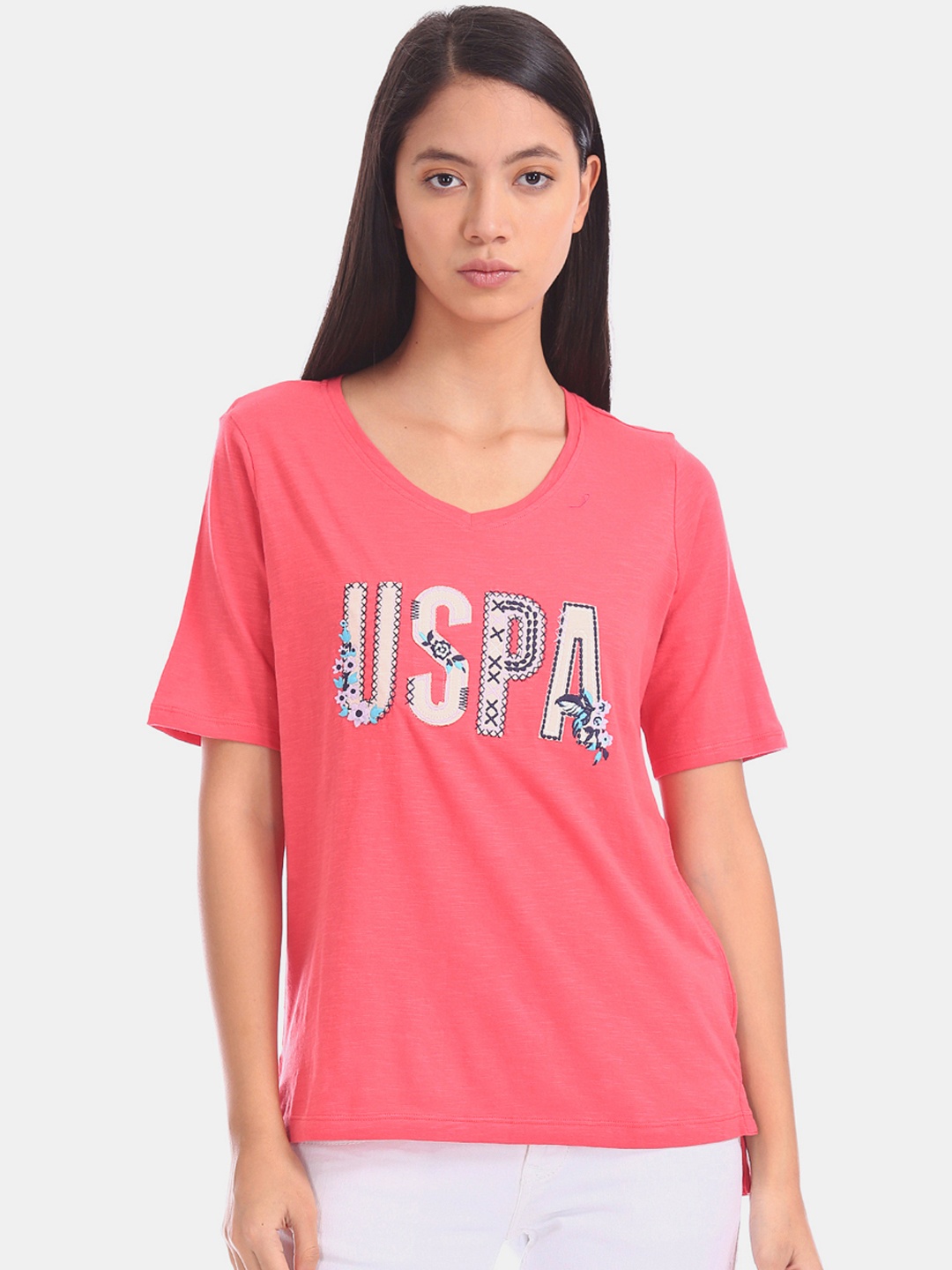 

U.S. Polo Assn. Women Pink Printed V-Neck Pure Cotton T-shirt