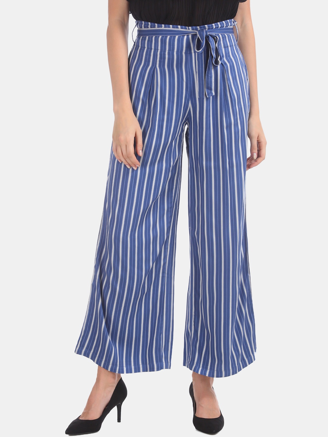 

U.S. Polo Assn. Women Women Blue & White Regular Fit Striped Parallel Trousers