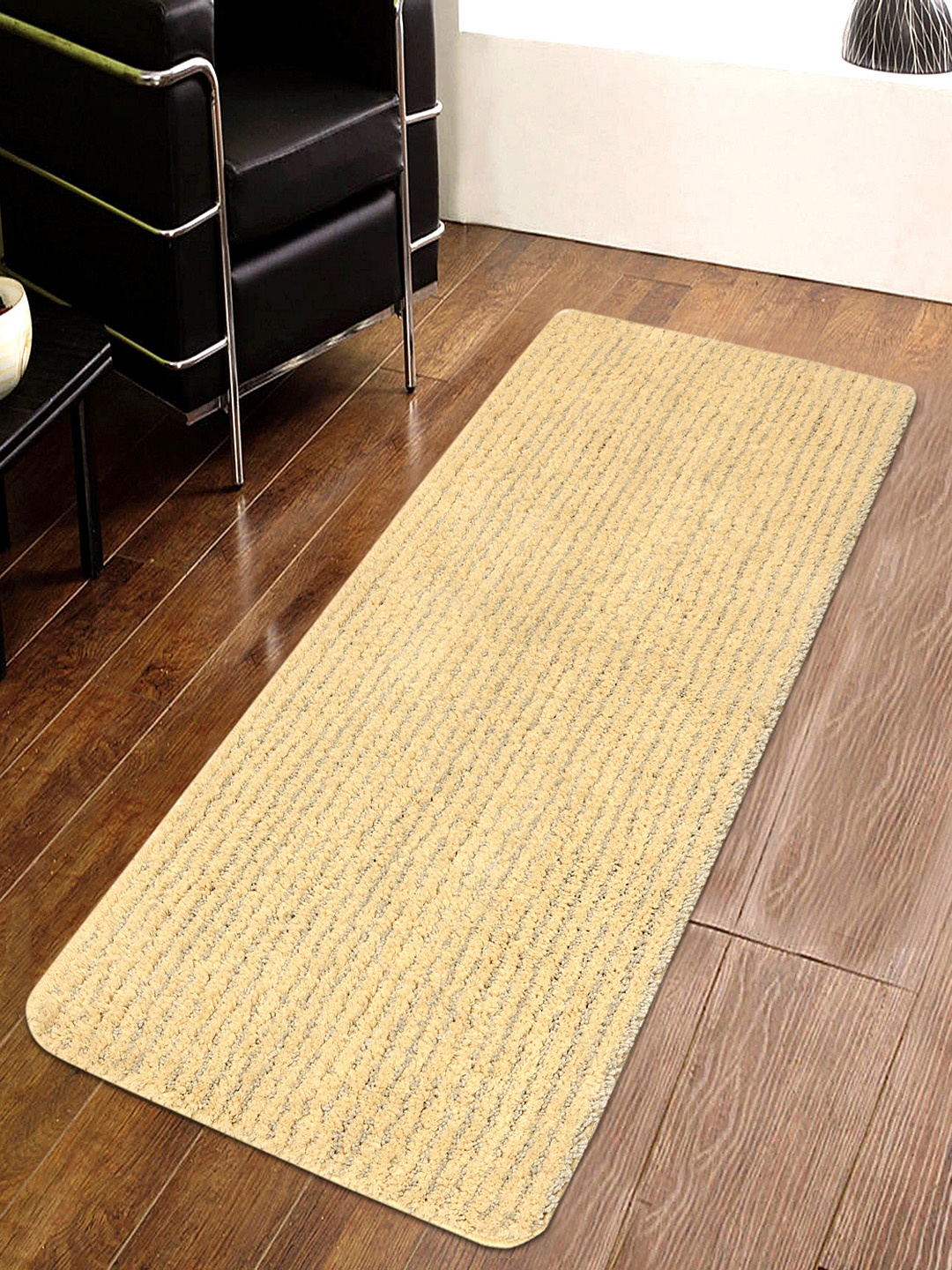 

Saral Home Unisex Beige & Grey Striped Furry Soft Microfiber Anti-Skid Multipurpose Runner