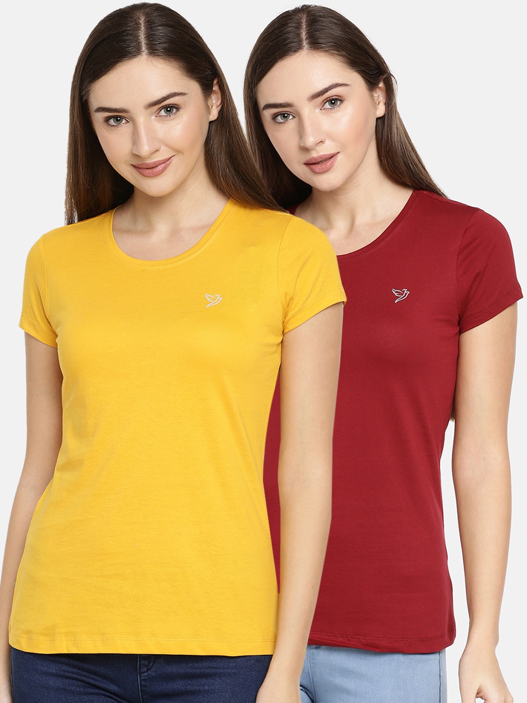 

TWIN BIRDS Women Yellow Solid Round Neck Pure Cotton T-shirt