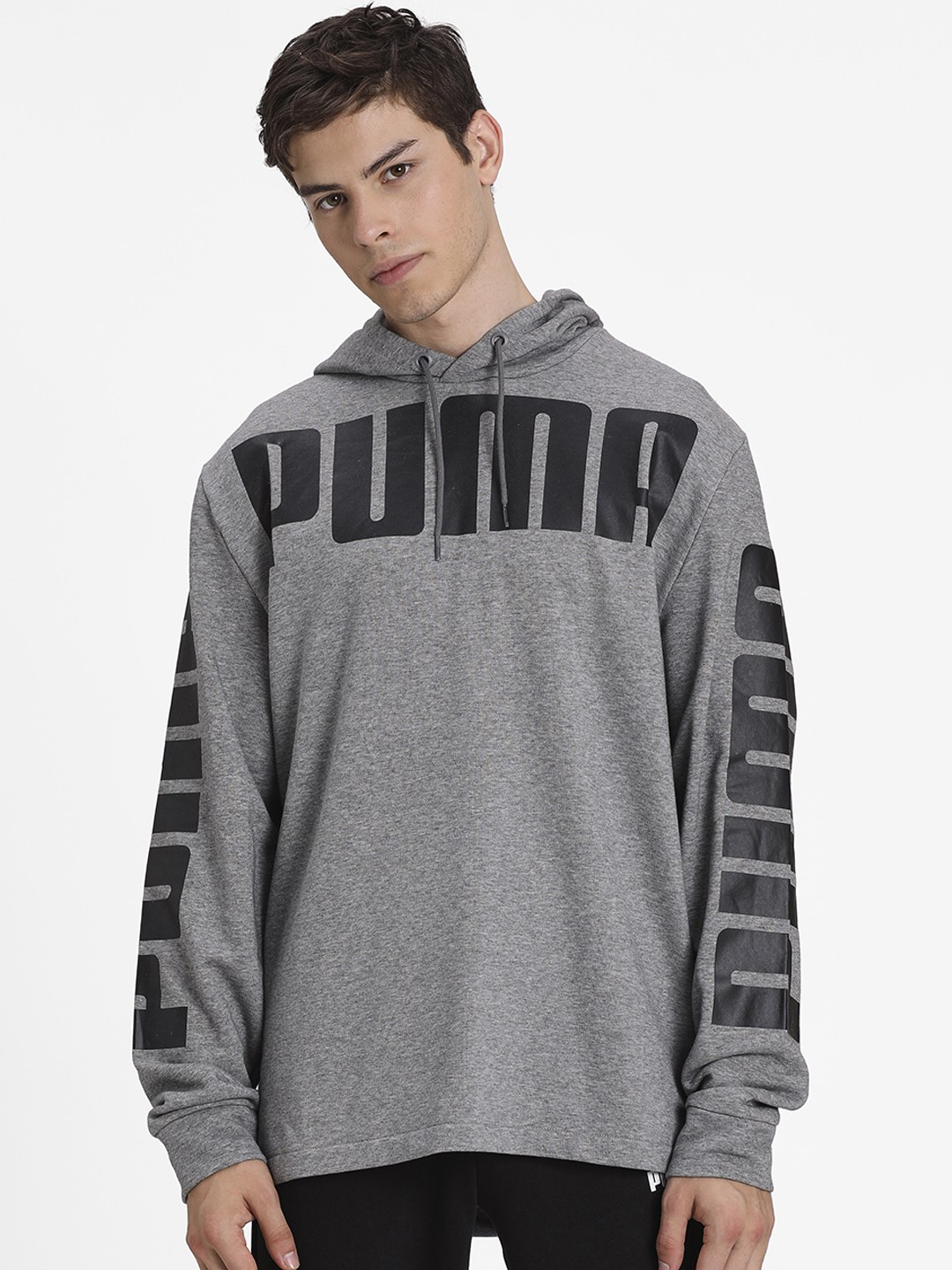

Puma Men Grey & Black Printed Hooded Sweatshirt