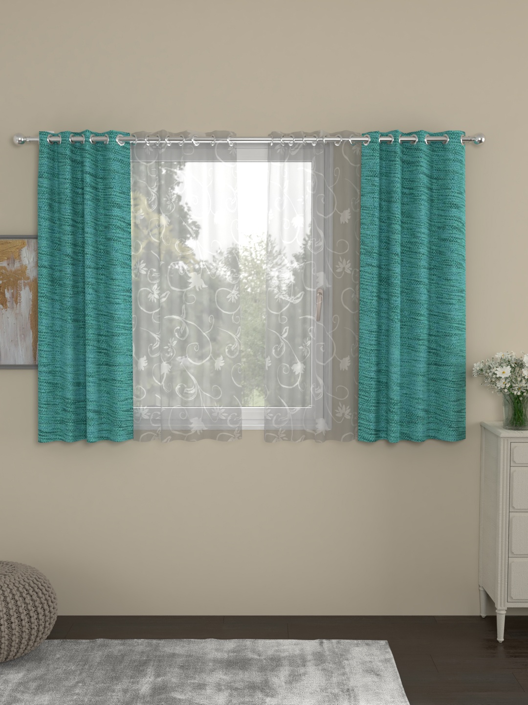 

ROSARA HOME Turquoise Blue & White Set of 4 Window Curtains