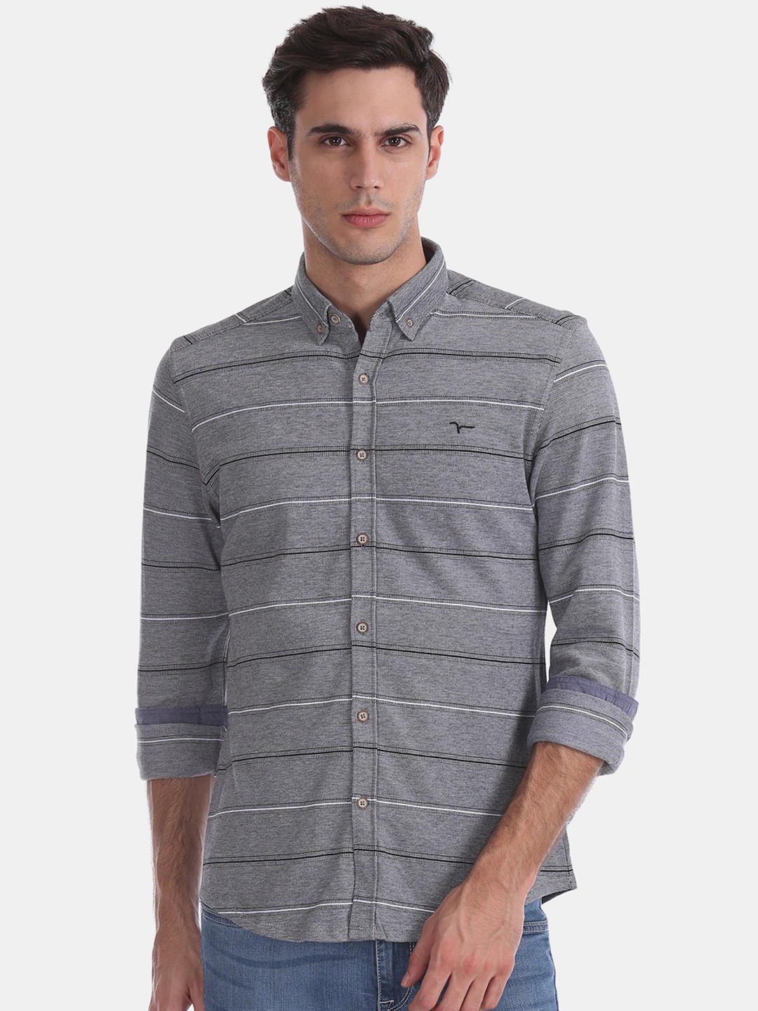 

Flying Machine Men Grey & White Regular Fit Striped Casual Shirt