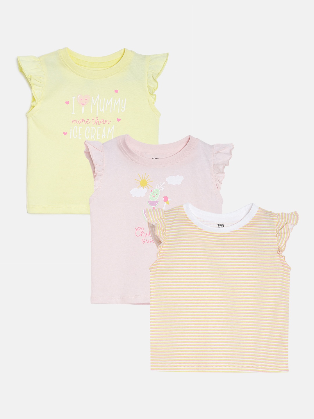 MINI KLUB Infant Girls Pack of 3 Printed Pure Cotton Tops, Yellow