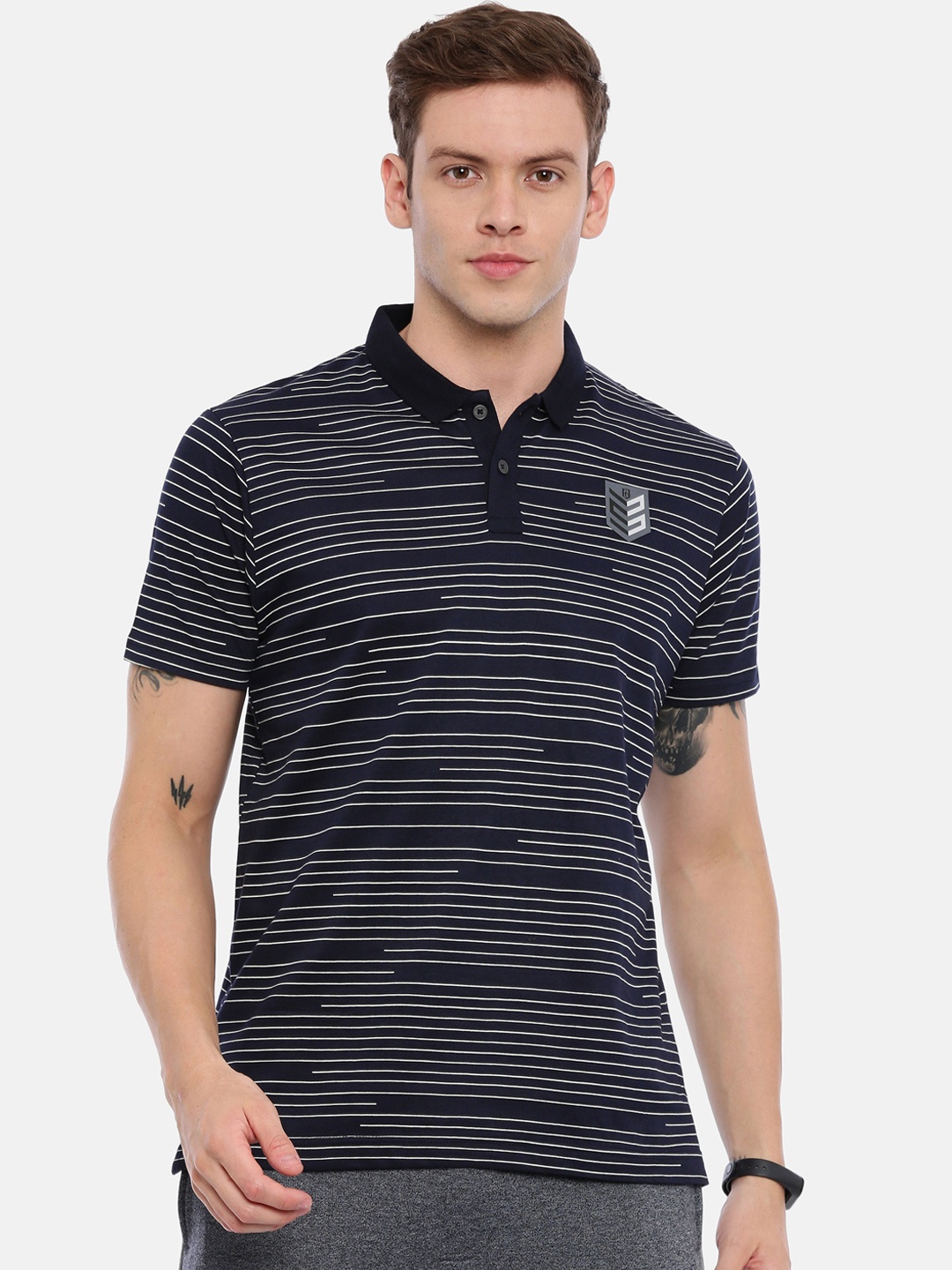 

Proline Active Men Navy Blue & White Striped Polo Collar T-shirt